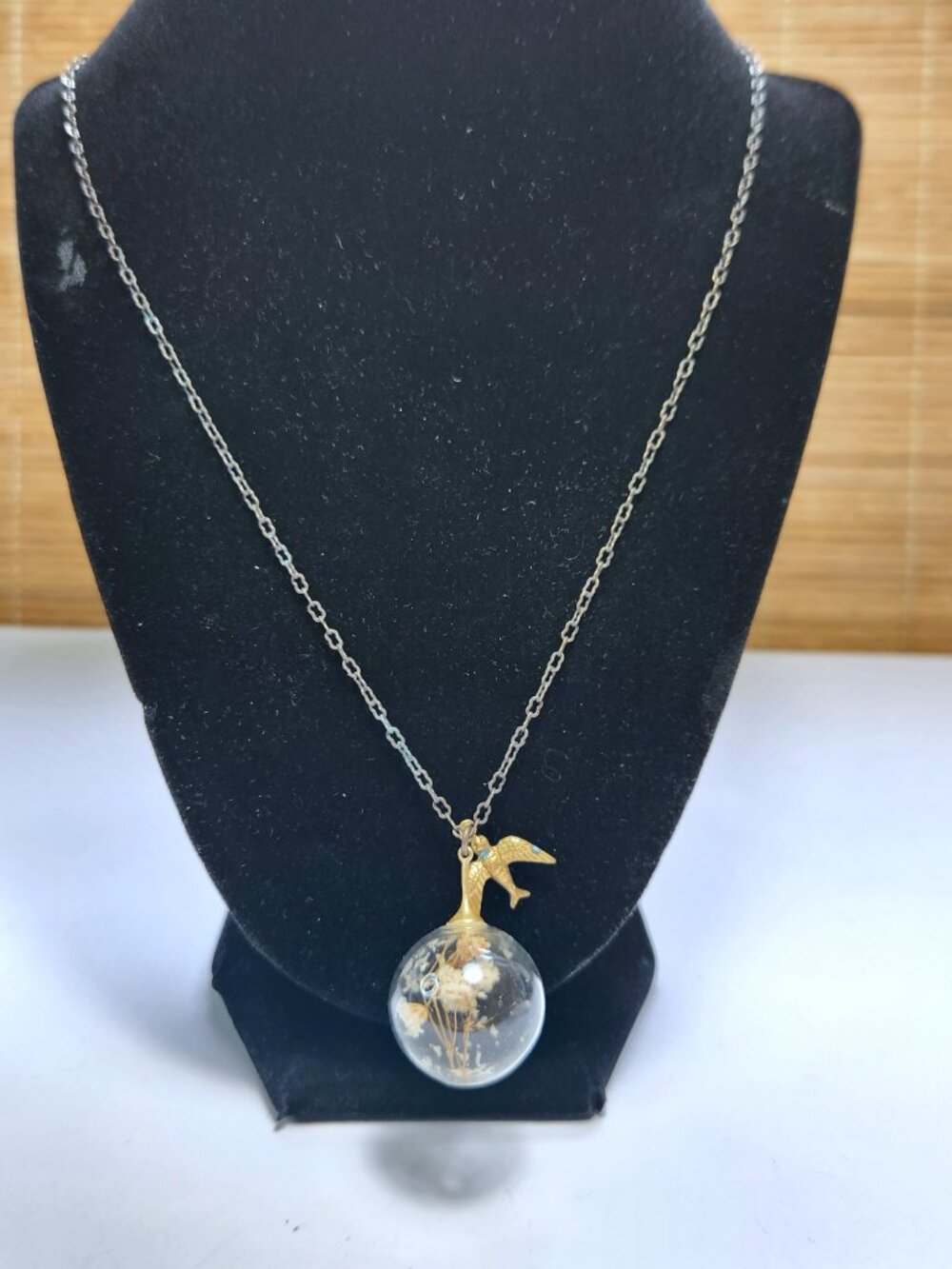 Handcrafted Dried Flower Glass Globe Terrarium Necklace Brass Swallow Bird Charm